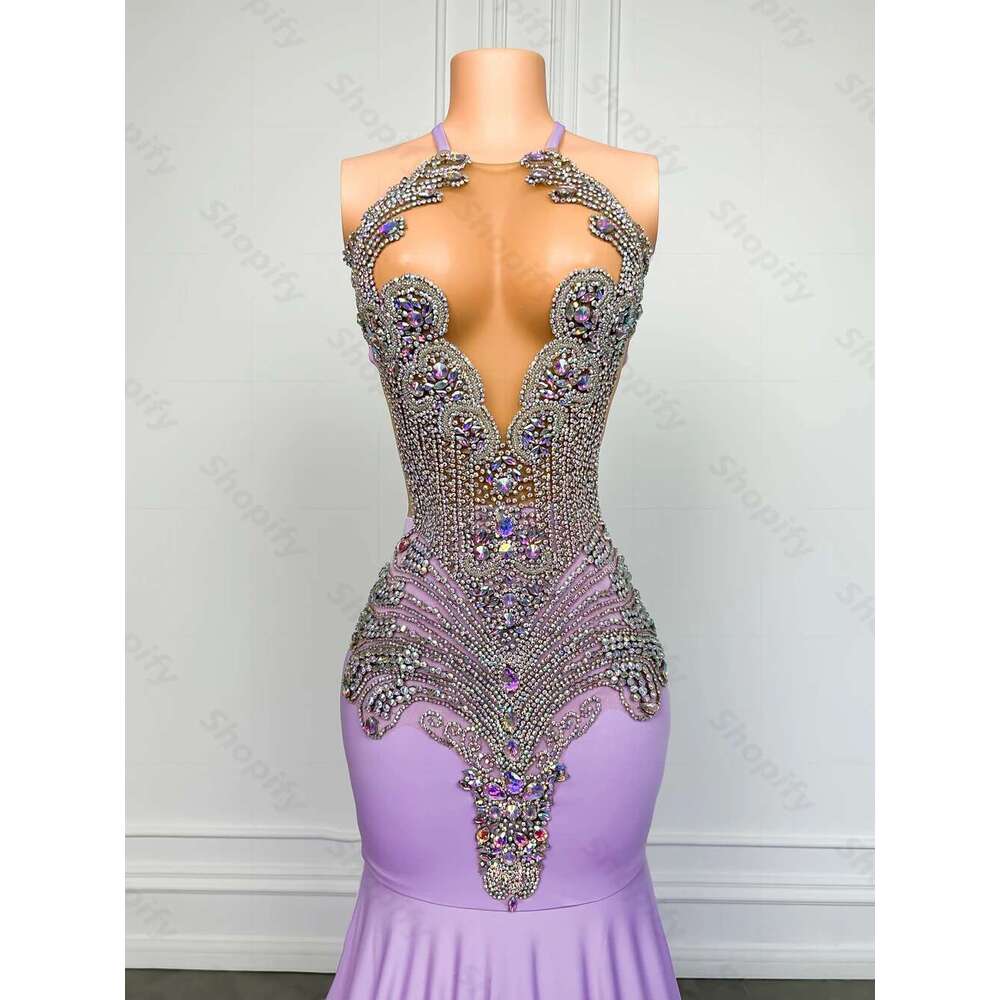 Sparkly Lilac Purple Rhies Long Dress For Black Girl Sexy Mermaid Style Formal Prom Party Gowns 2025 Customized Dr0318