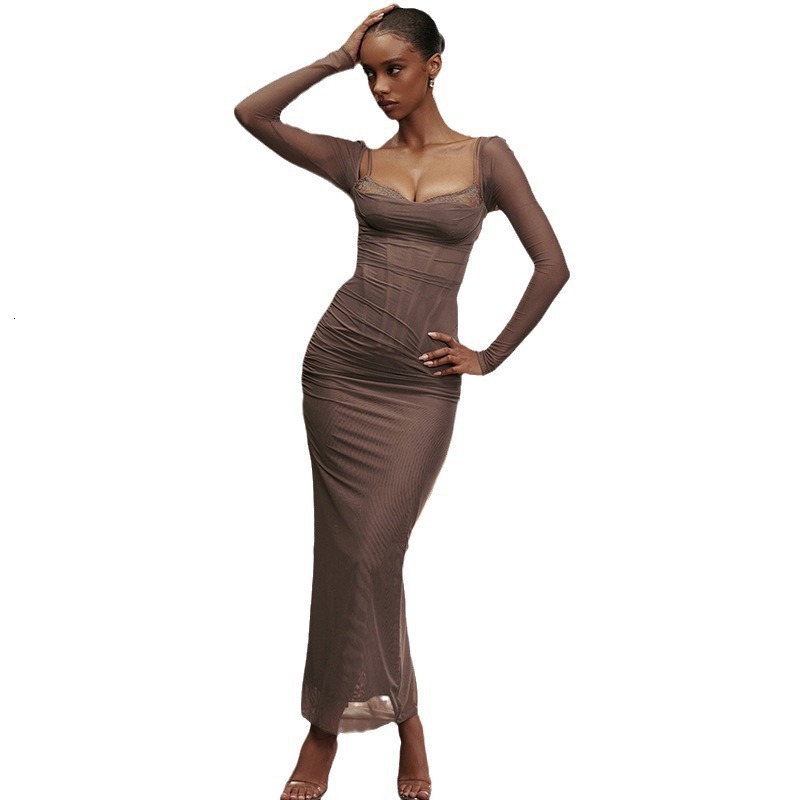 2024 Spring New Sleeved Camisole Style Backless Tight Slit Long Dress For Women