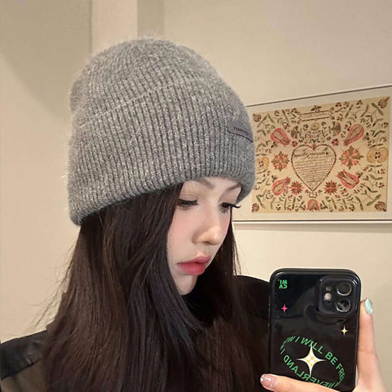 Korean autumn and winter casual hats with letter labeg, wool rabbit hair knitted cold hats, trendy
