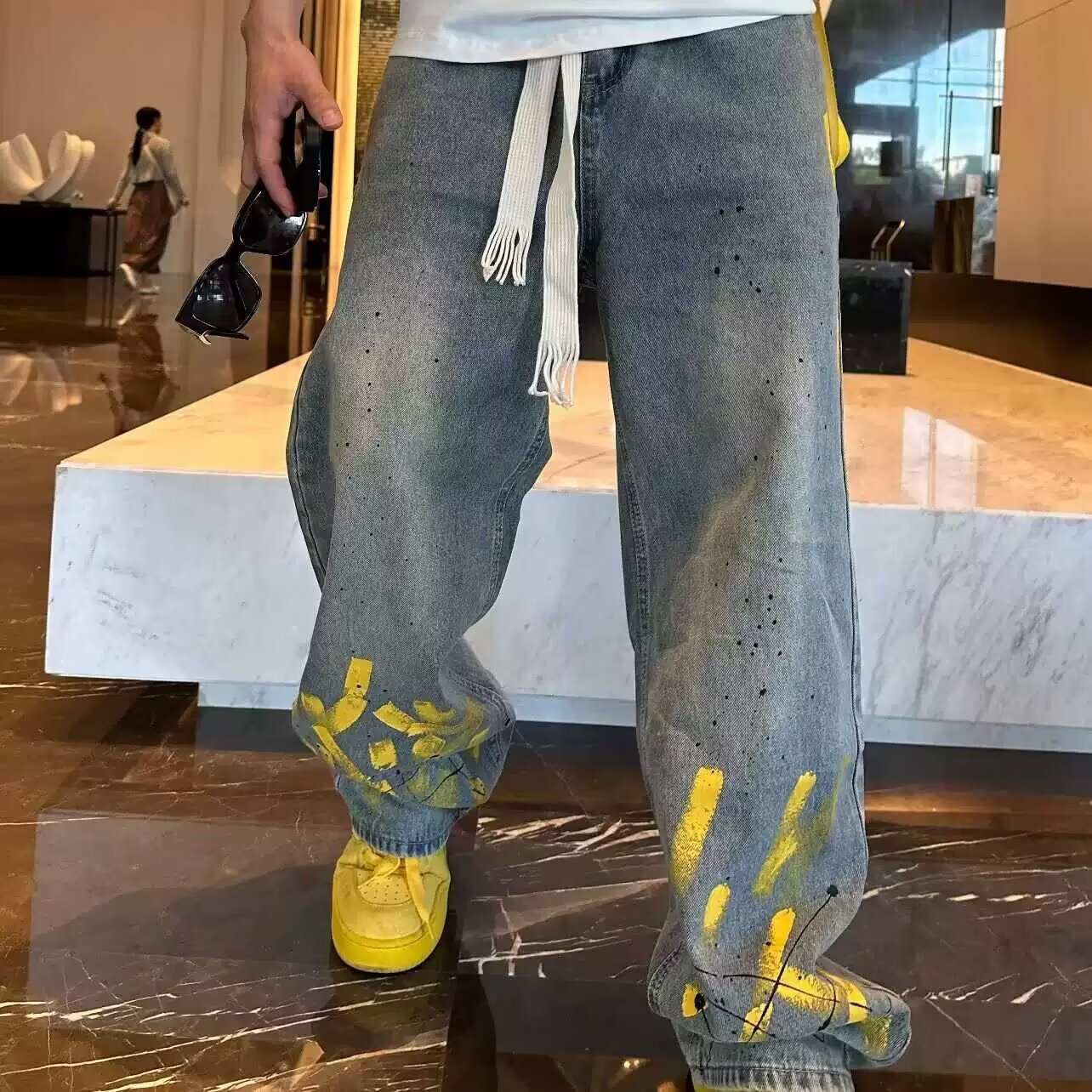 Hand Drawn Inkjet Men Jeans Printed Fashion Y2K Pants Korea Clothes Straight Hip Hop Trousers Male Streetwear