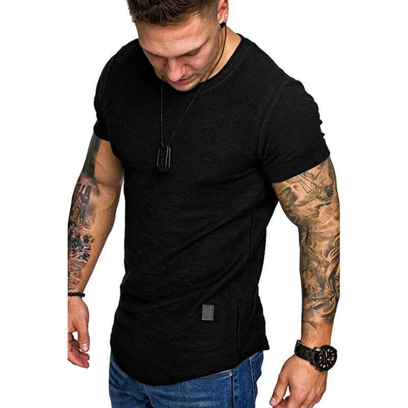 Men's lightweight short sleeved summer T-shirt, basic jogging, solid collar, round neck, sports top