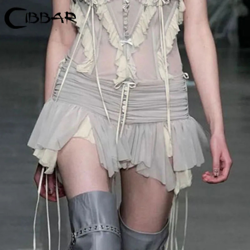 CIBBAR Folds Transparent Mesh Mini Skirt Y2k Irregular Low Rise Patchwork Pleated Skirts for Women Vintage 90s Clothing Ladies 250318