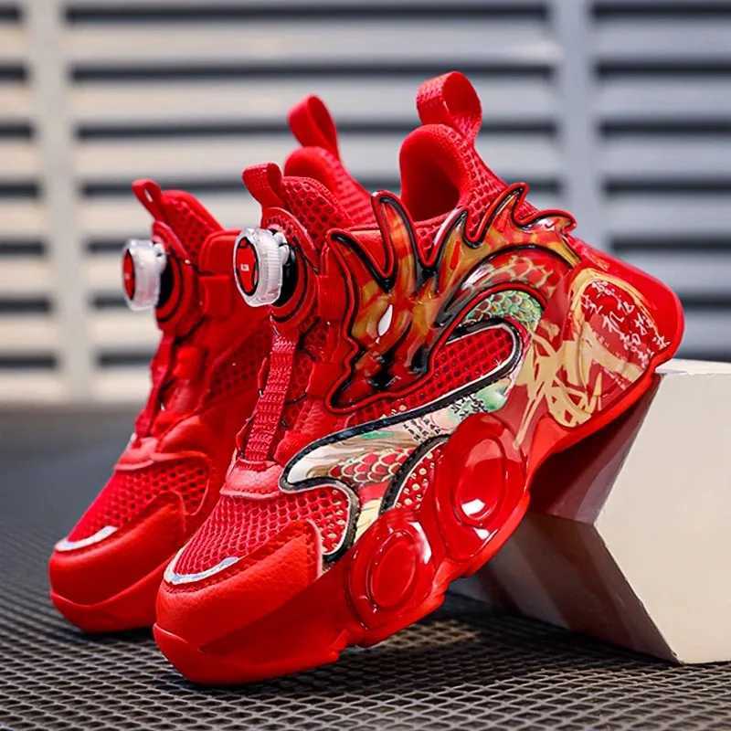 Boys sports shoes 2025- Red Dragon design sports shoes breathable mesh with rotating buckle fashionable basketball and running shoesXJ250318