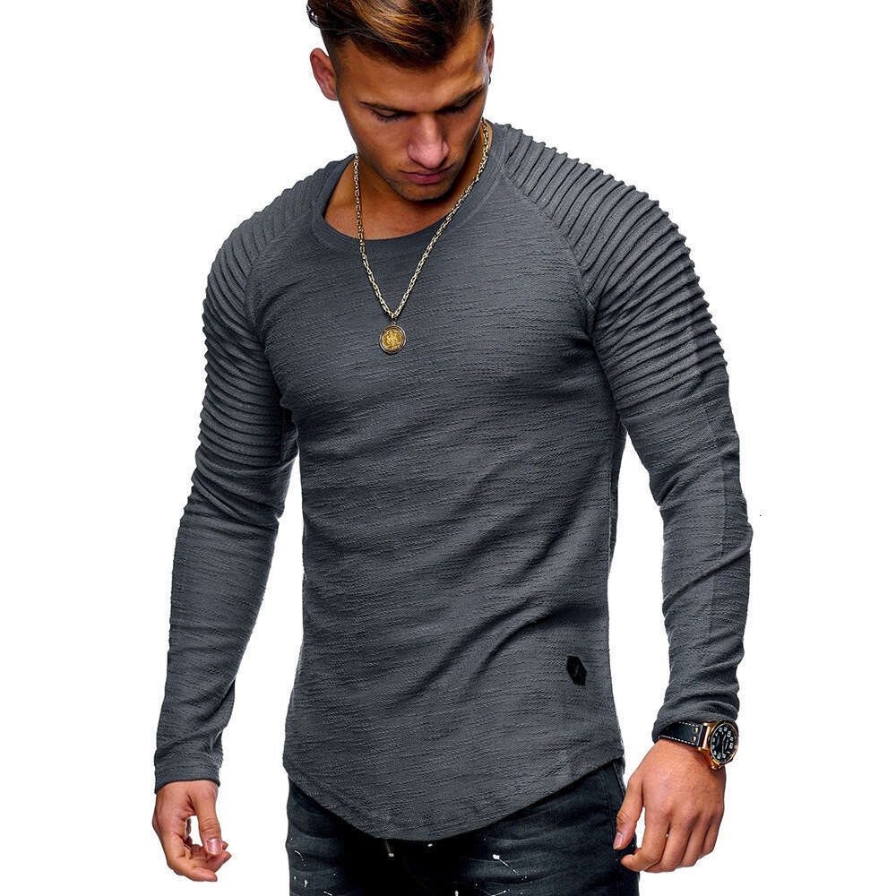 Military green solid color slim fit round neck long sleeved personalized fashionable pleated shoulder sleeves men's sports T-shirt, 2025 new styl