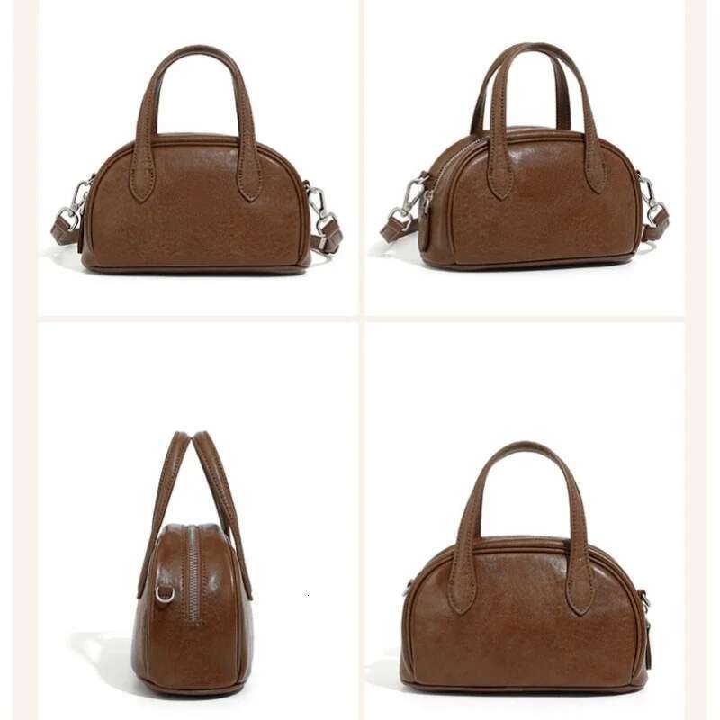 Meet You Vintage Genuine Leather Small Boston Pillow Handbag Simple Daily Bowg Work Commuter Carrying Crossbody Bag Female