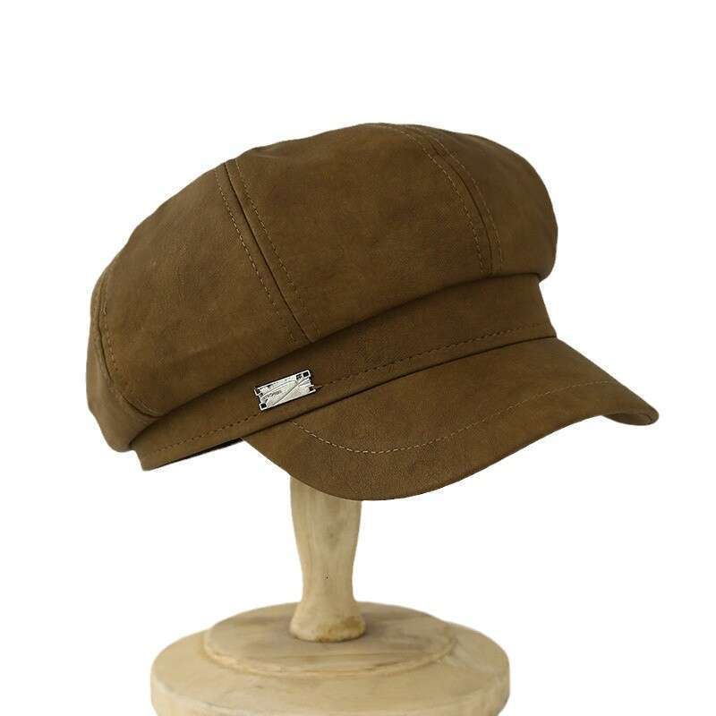 Women's autumn and winter leather octagonal women's Korean version three-dimensional hat, fashionable newsboy hat