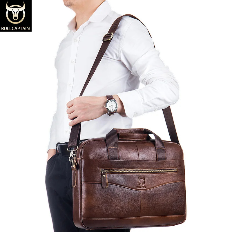 BULLCAPTAIN Briefcase Shoulder Messenger Bags Mens Genuine Leather 14-inch Laptop Bags Mens Briefcase Office Business Handbag 250317