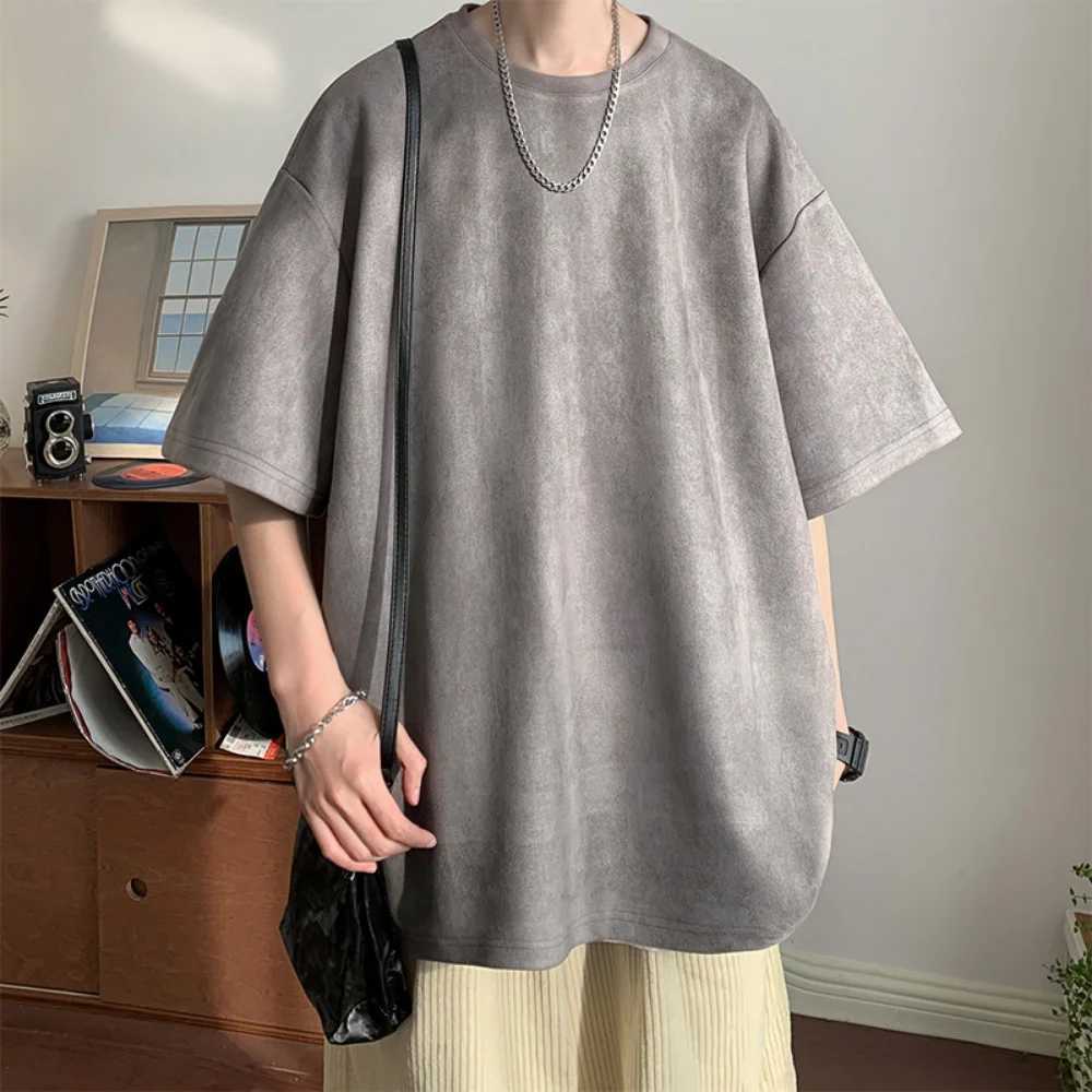 Mens suede short sleeved retro loose T-shirt womens casual oversized T-shirt O-neck retro Harajuku top T-shirt new 2023T250318