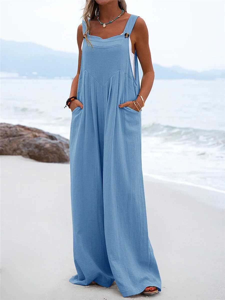Overalls womens summer jumpsuit Plus size solid color casual button wide leg suspension pants Overalls with pockets X250318