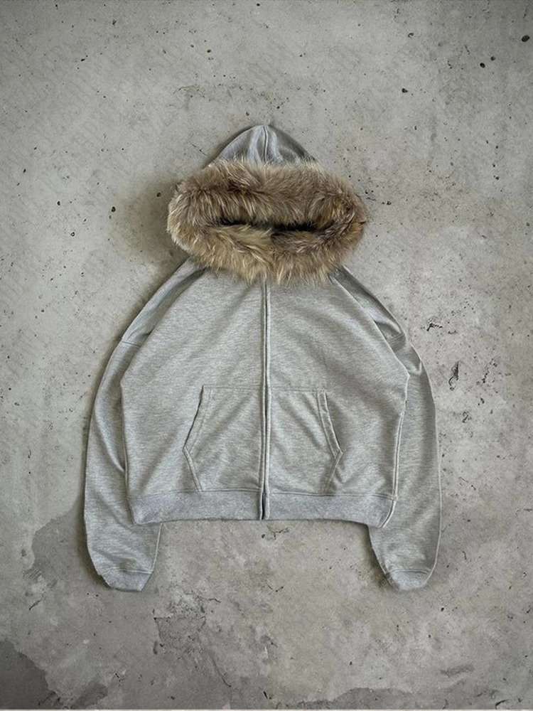 Plush lining solid color pattern Hoodie casual chic Y2K top rock fashion street retro grunge punk hip hop Harajuku couple Hoodie 250318