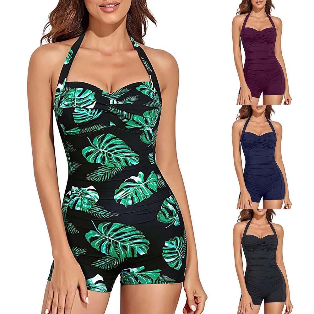 Printed one-piece swimsuit, solid color, camisole collar, monokini, soft cushion, women's, beachwear, drum, summer, 2024