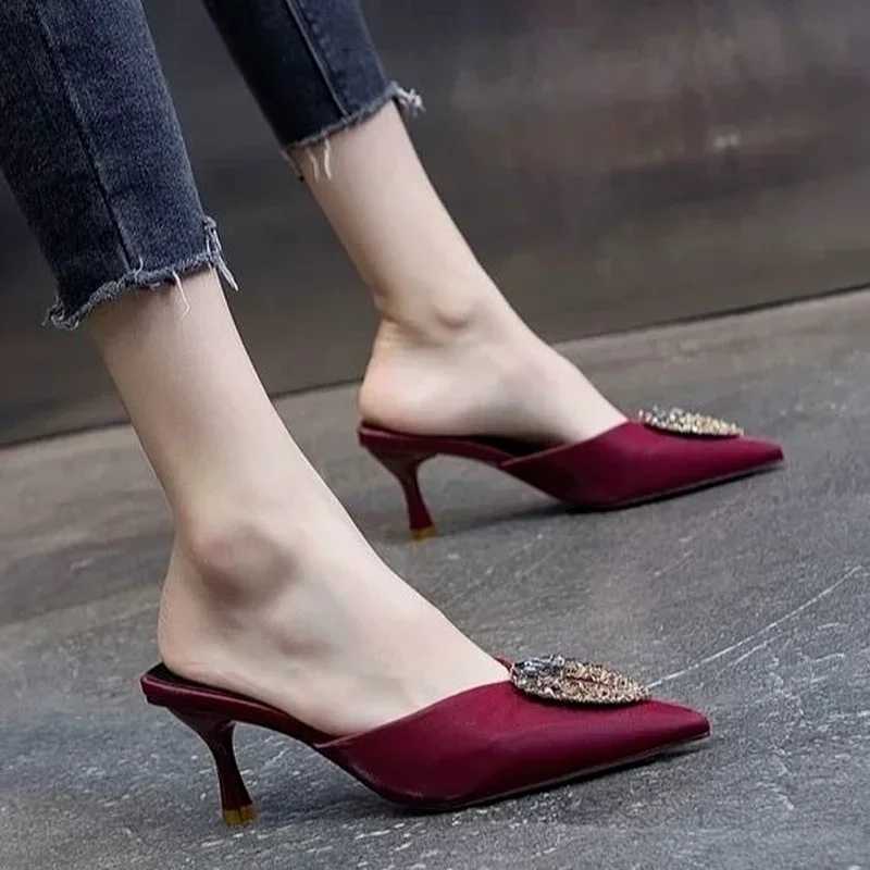 Slides Heeled Shoes Pointed Toe Knife Outside Rhenste Job Red Wens Slippers and Ladies Sandals Crystals Pvc S B W Luxury Y250317