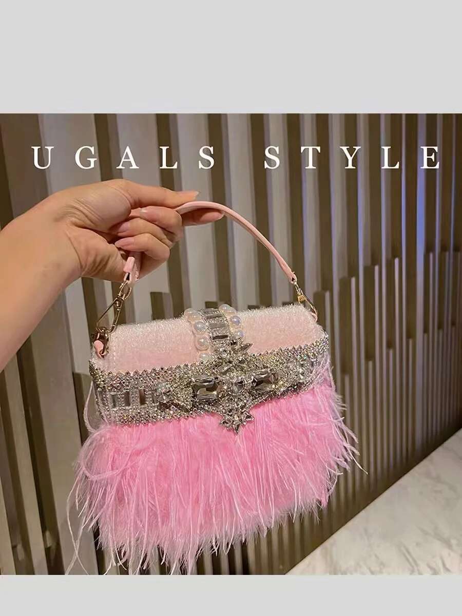 Ostrich Hair Veet Crystal Rhie Dia Evening Women Handbag Wedding Party Clutch Purse Crossbody Bag