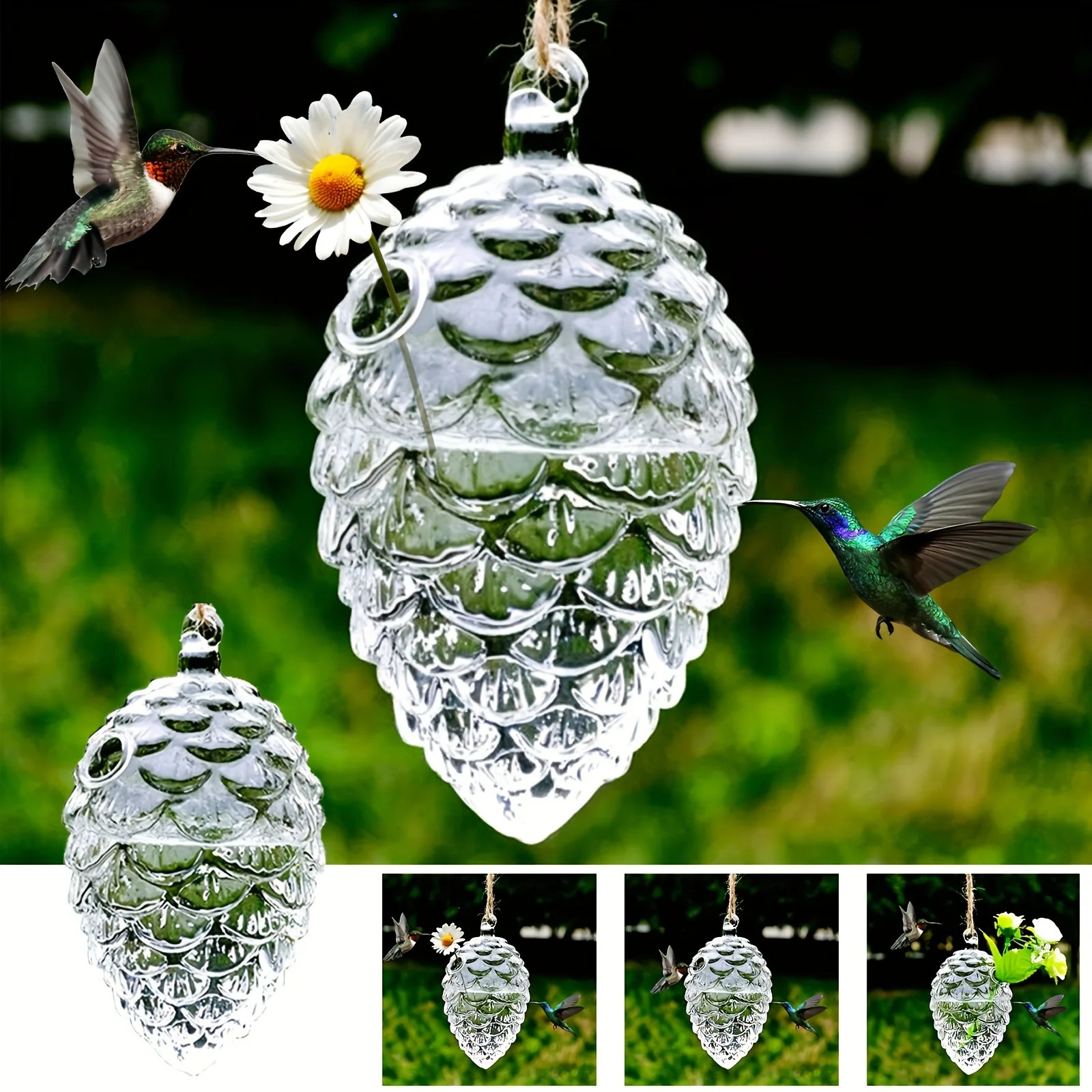 1 glass hummingbird feeder manual blow molded pine cone bird water dispenser outdoor hanging food container garden backyard 250318
