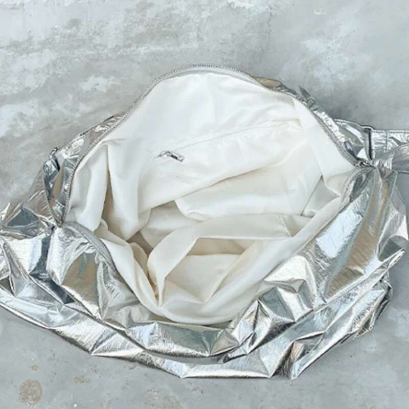 Solid Color Soft Tin Foil Shoulder For Women Korean Style College Student Large Capacity Messenger Casual Crossbody Bag