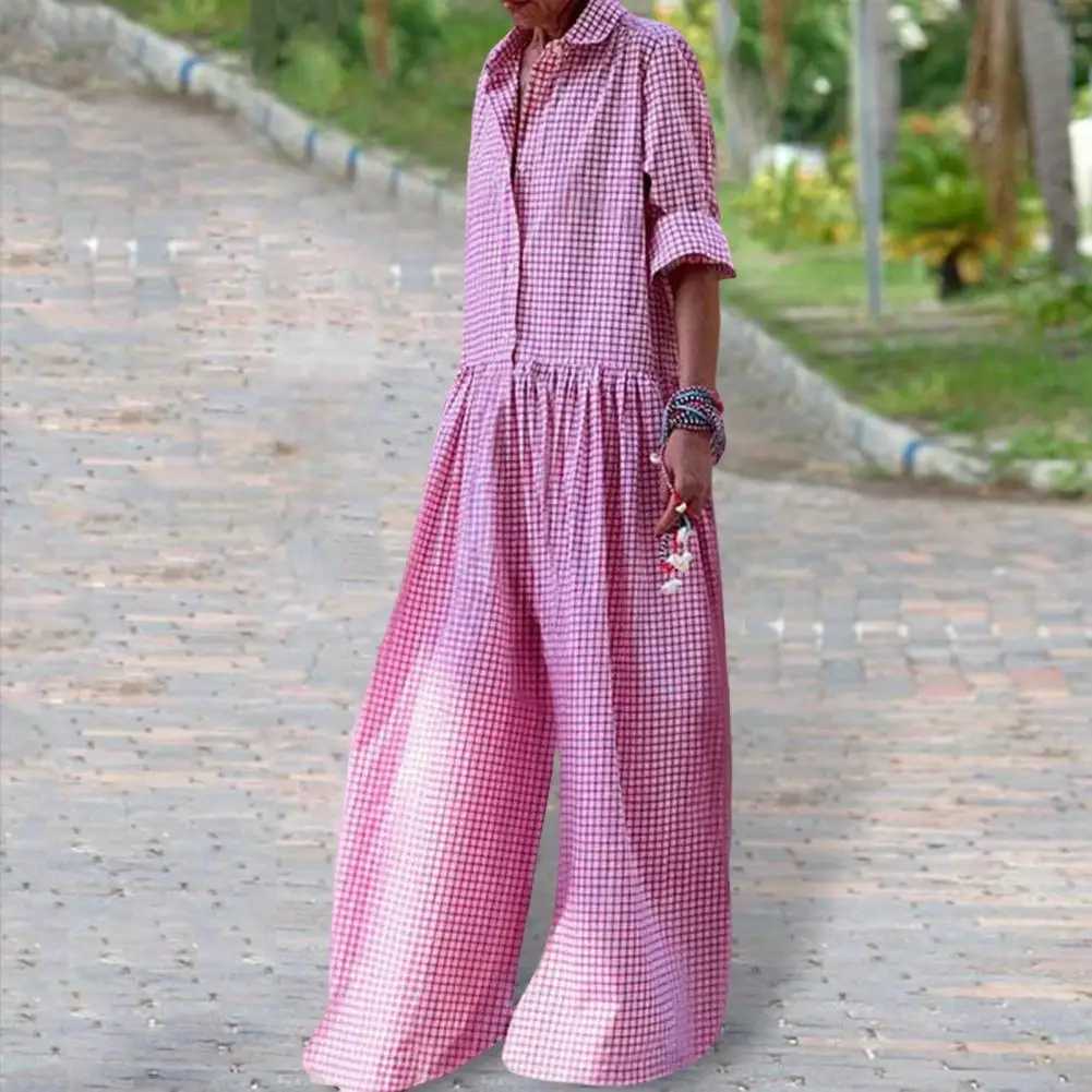 Soft Jumpsuit Stylish Check Print Womens Jumpsuit with Long Slves Wide Legs Casual Loose Fit for A Fashionable Look Elastic X250318
