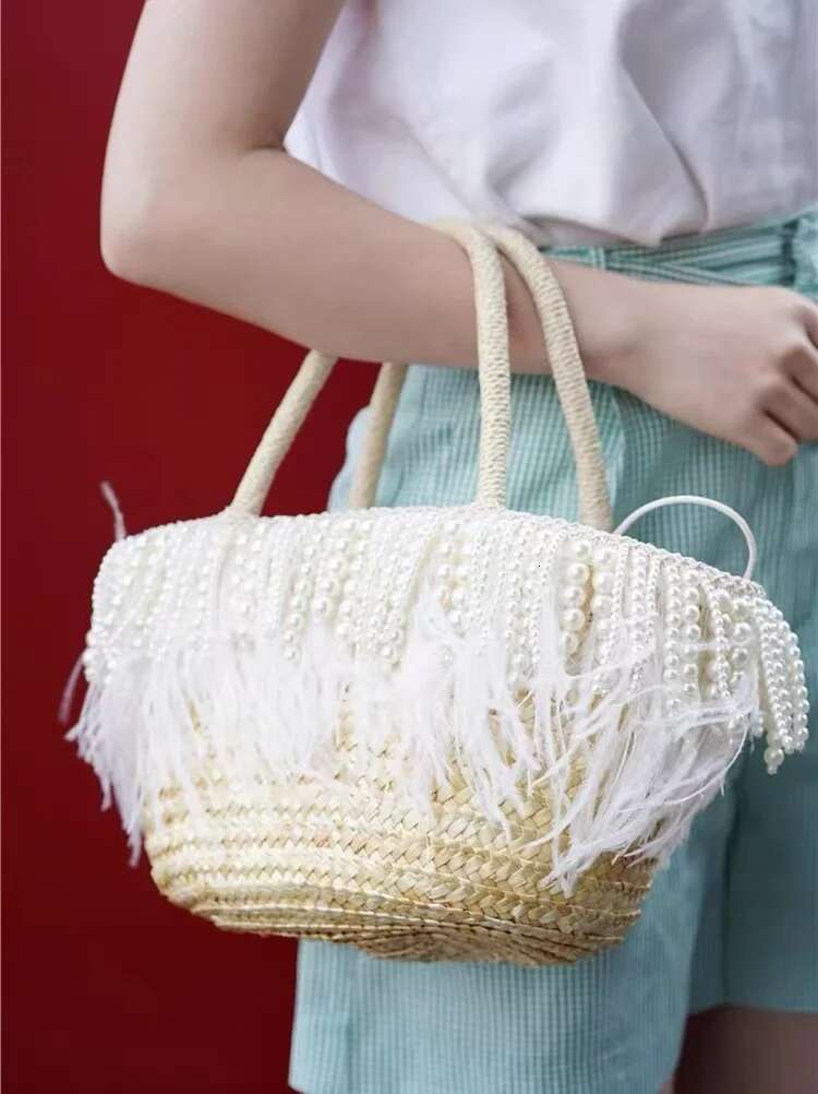 Fashion Pearl Beaded Ostrich Hair Beach Lady Pure Straw Wove Handmade Women Handbag Tote Leisure Holiday Shoulder Bag