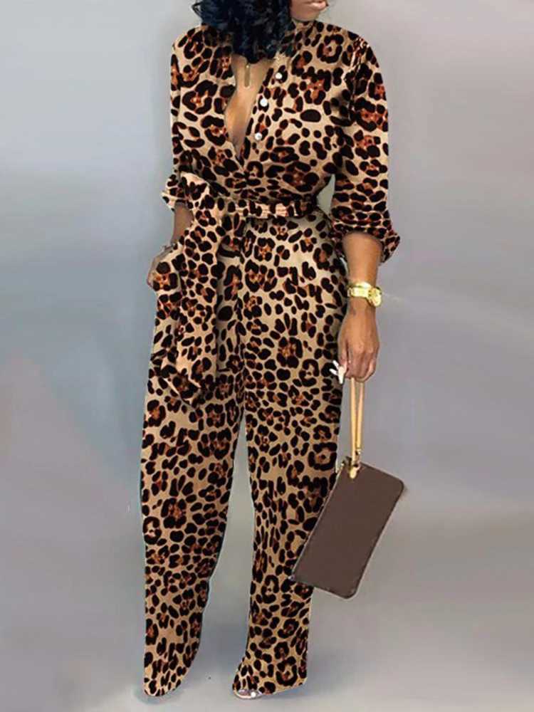 Fashion autumn leopard print lace jumpsuit for women 2024 elegant Dp V-neck one-piece jacket casual jumpsuit X250318