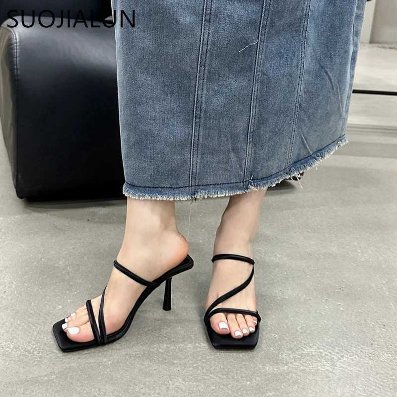 SUOJIALUN 2024 Summer New Warm Smooth Fi Narrowband Womens Elegant Sandals Thin High Heels Dress Slip Pump Y250317