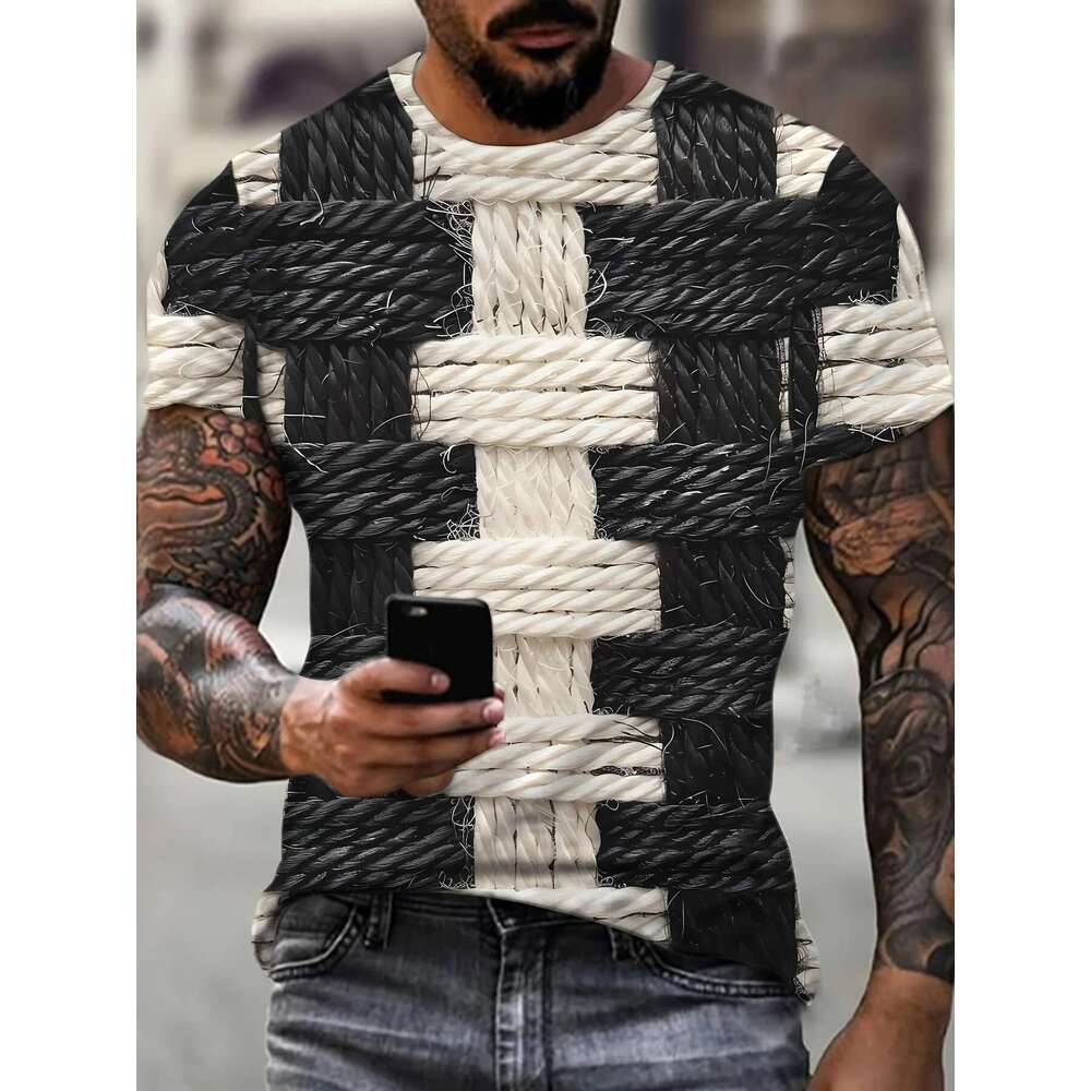 Men's 3D printed striped T-shirt, round neck, short sleeved top, sporty style, summer fashion trend, big
