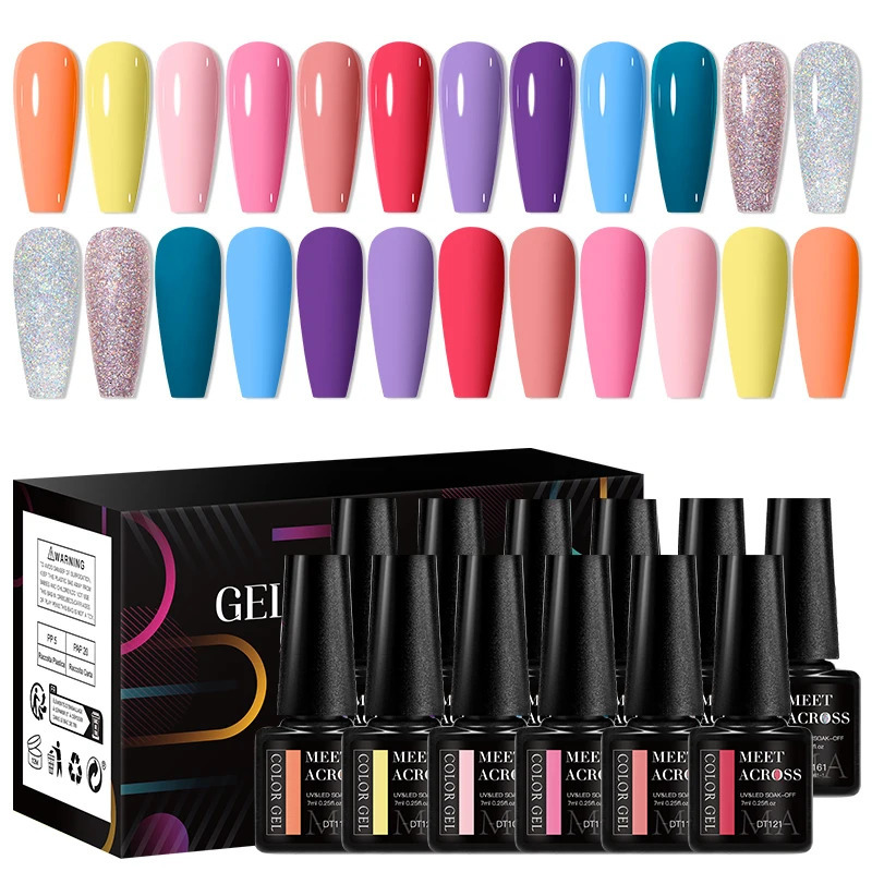 MEET ACROSS 12Pcs/Set Gel Nail Polish Set Colorful Glitter Nail Art Long-Lasting Soak Off UV Gel Kit for Manicure Nails Vernis 250314
