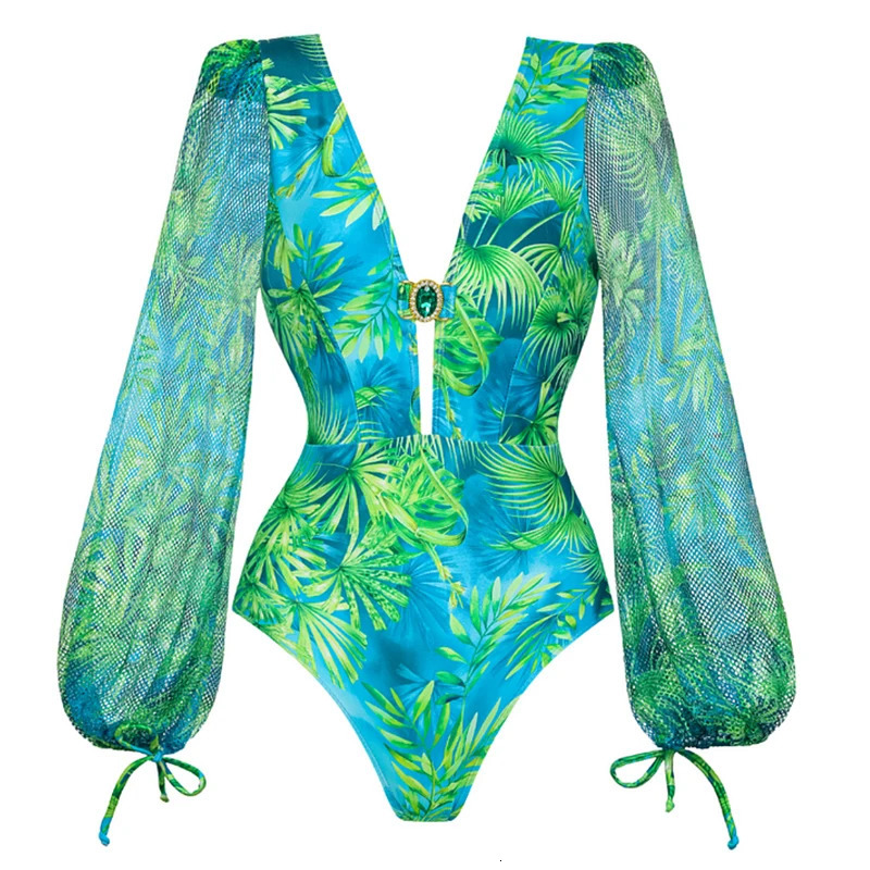 Flaxmaker Women Sexy Deep V Neck Long-sleeved Jungle Green Print One Piece Swimsuit And Skirt Summer Bathing Suit Monokini 250317