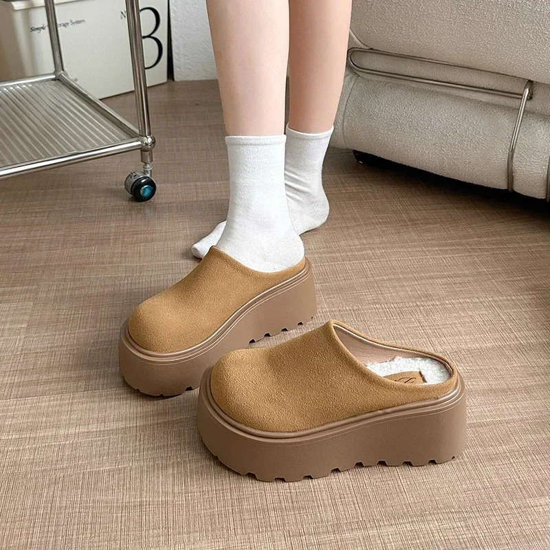 Vintage Platform Heel Women Warm Cotton Mules Slippers Fashion Cover Toe Slip On Shoes Ladies Comfort Outdoor Lazy Slides 250318