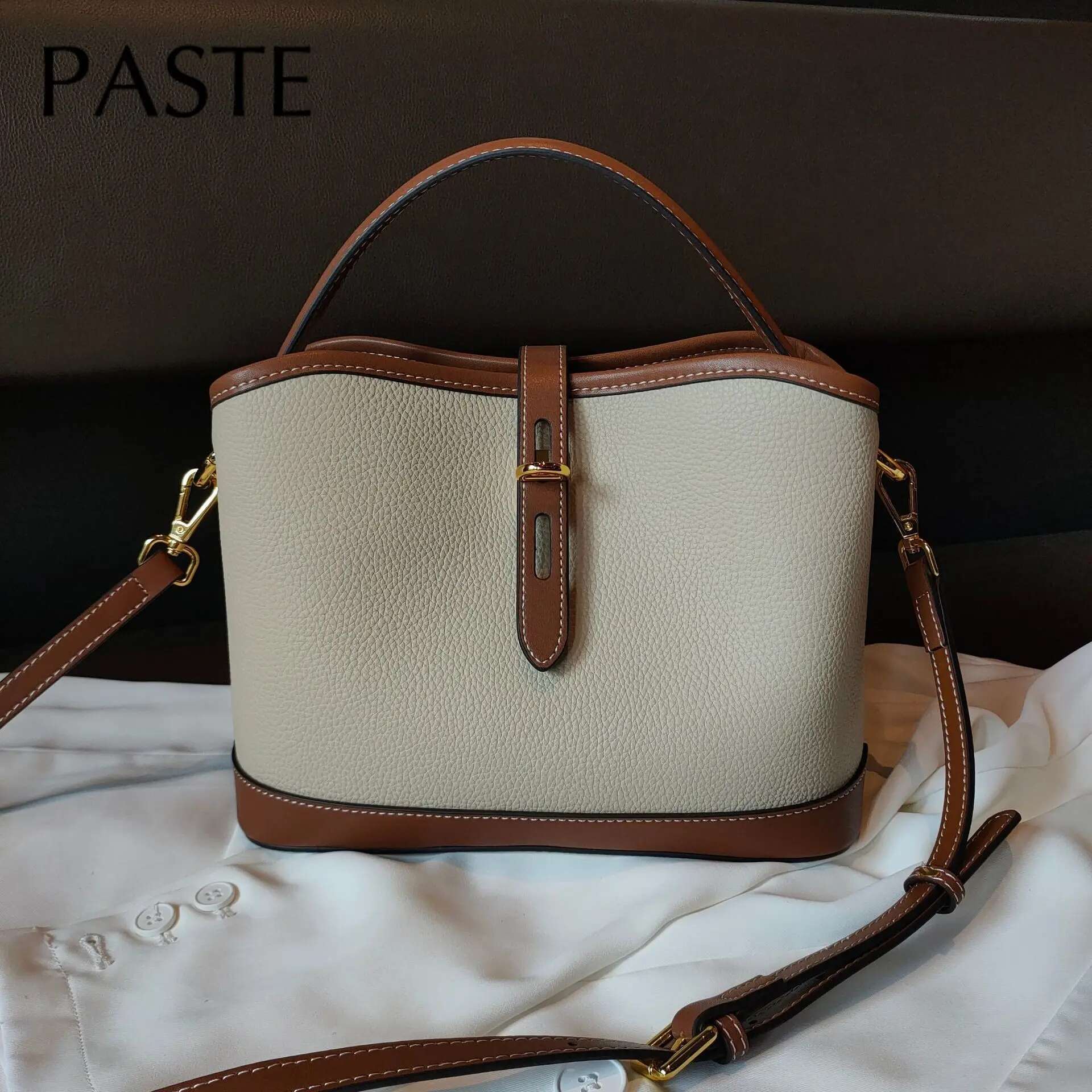 New Hit Color Retro Style Bucket Tote Cowhide Leather Women Handbag Brown Leisure Brand Design Ladies Shoulder Bag