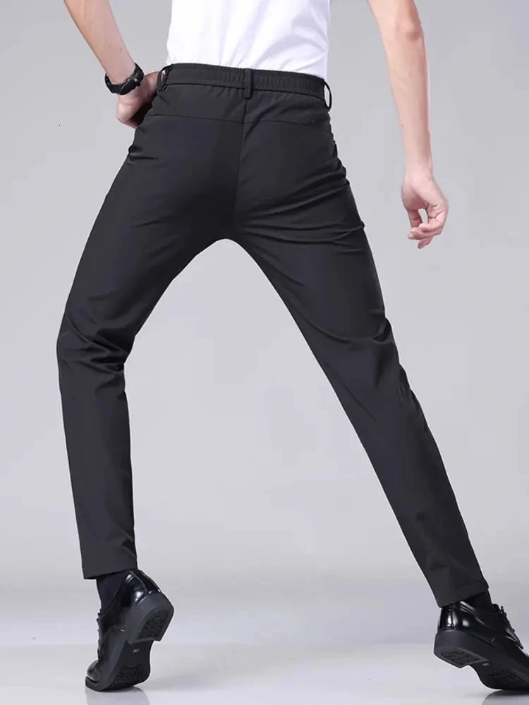 Mens casual pants semi elastic waistband nylon ice silk elastic straight tube light gray business gentleman summer casual 250318