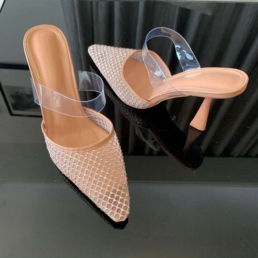 Woman Sandal Sexy Rhies Mesh Pointed Toe Sgback Brand Elegant Party High Heels Shoes For Lady Summer Footwear