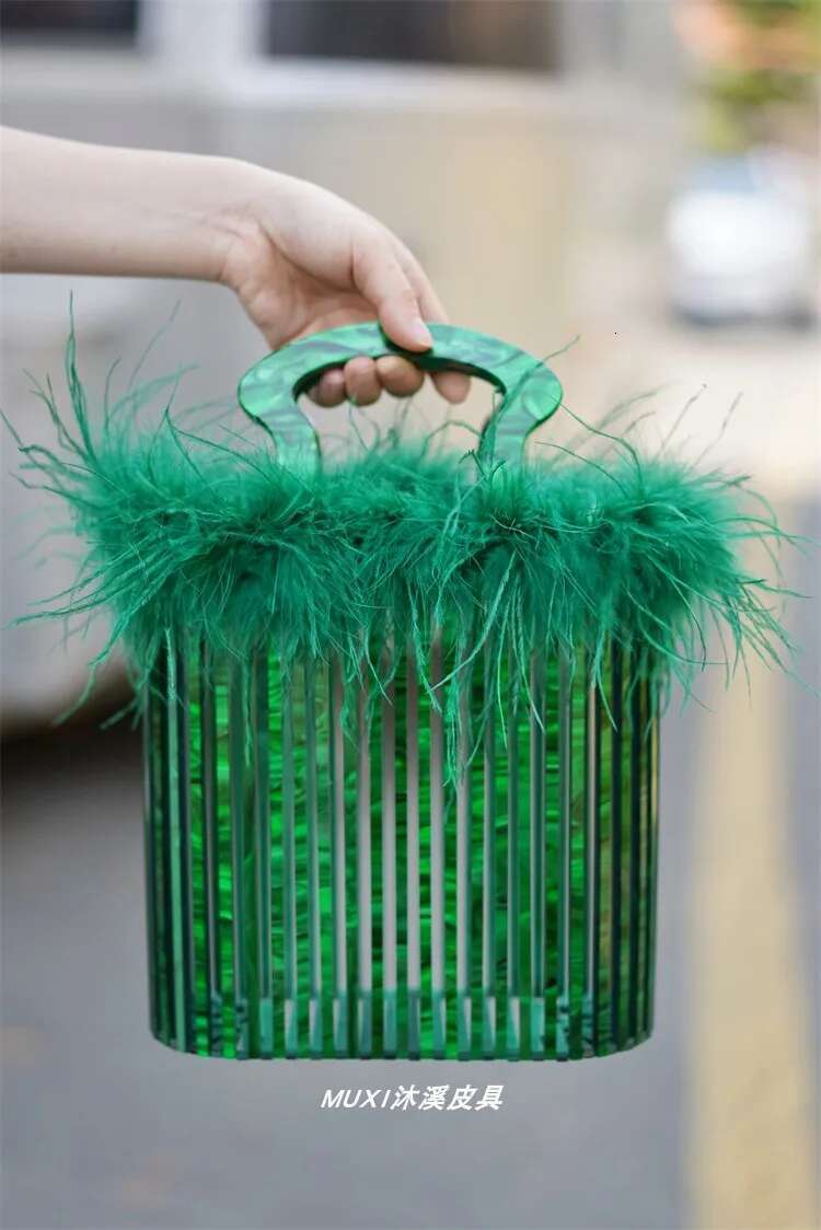 Designer Fashion Ostrich Feather Women's Handbag Hollow Out Acrylic Evening Wedding Party Clutch Purse Shoulder Bag