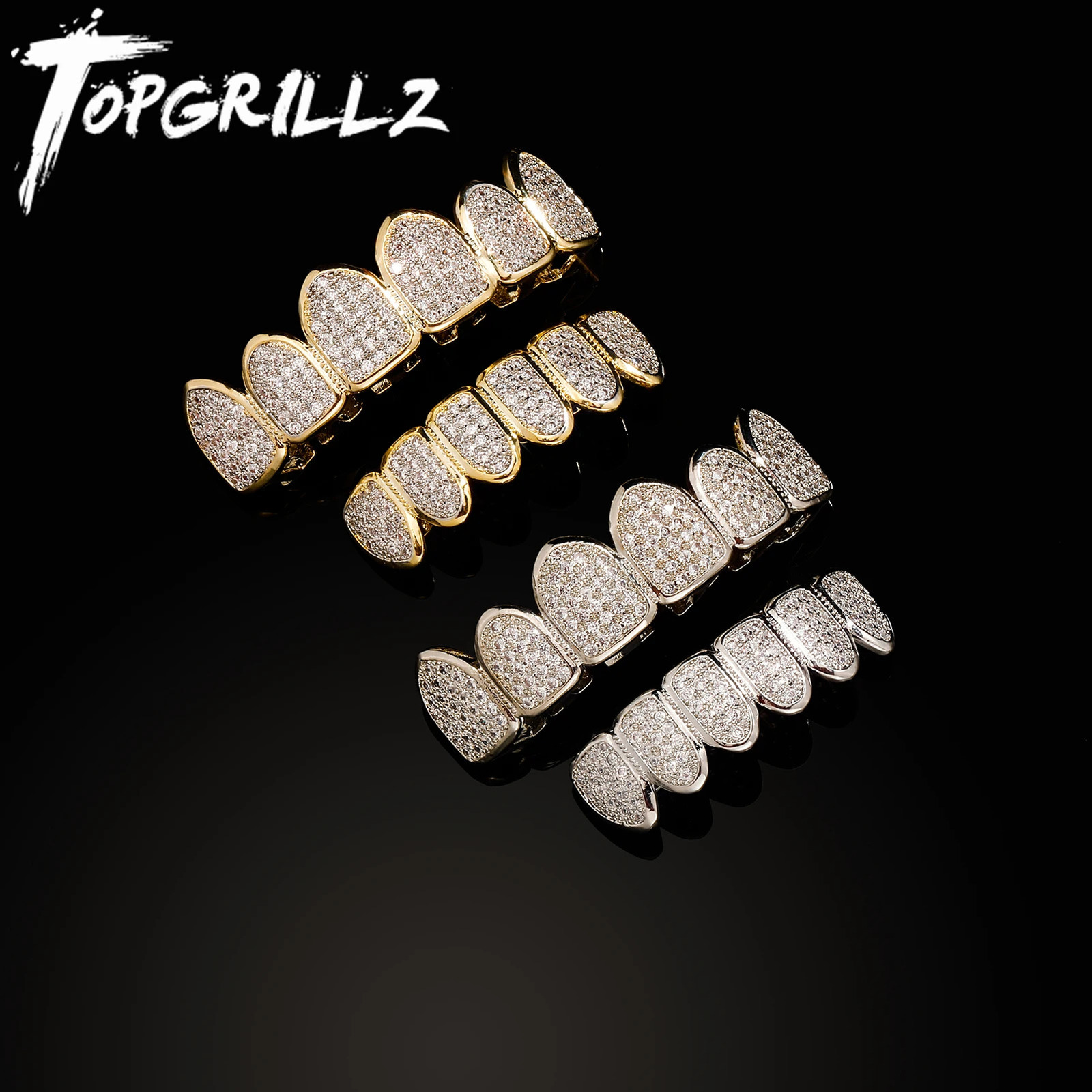 TOP Hip Hop Gold Color Plated Teeth Caps CZ Micro Pave Exclusive Top Bottom Gold Set Ship From US 250318