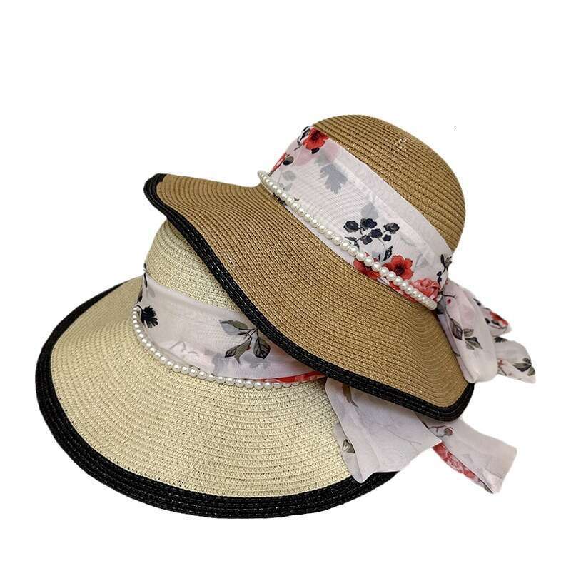 New Chinese style China-Chic ribbon big brim sunscreen straw for women fashionable breathable wave edge sunshade beach hat tide