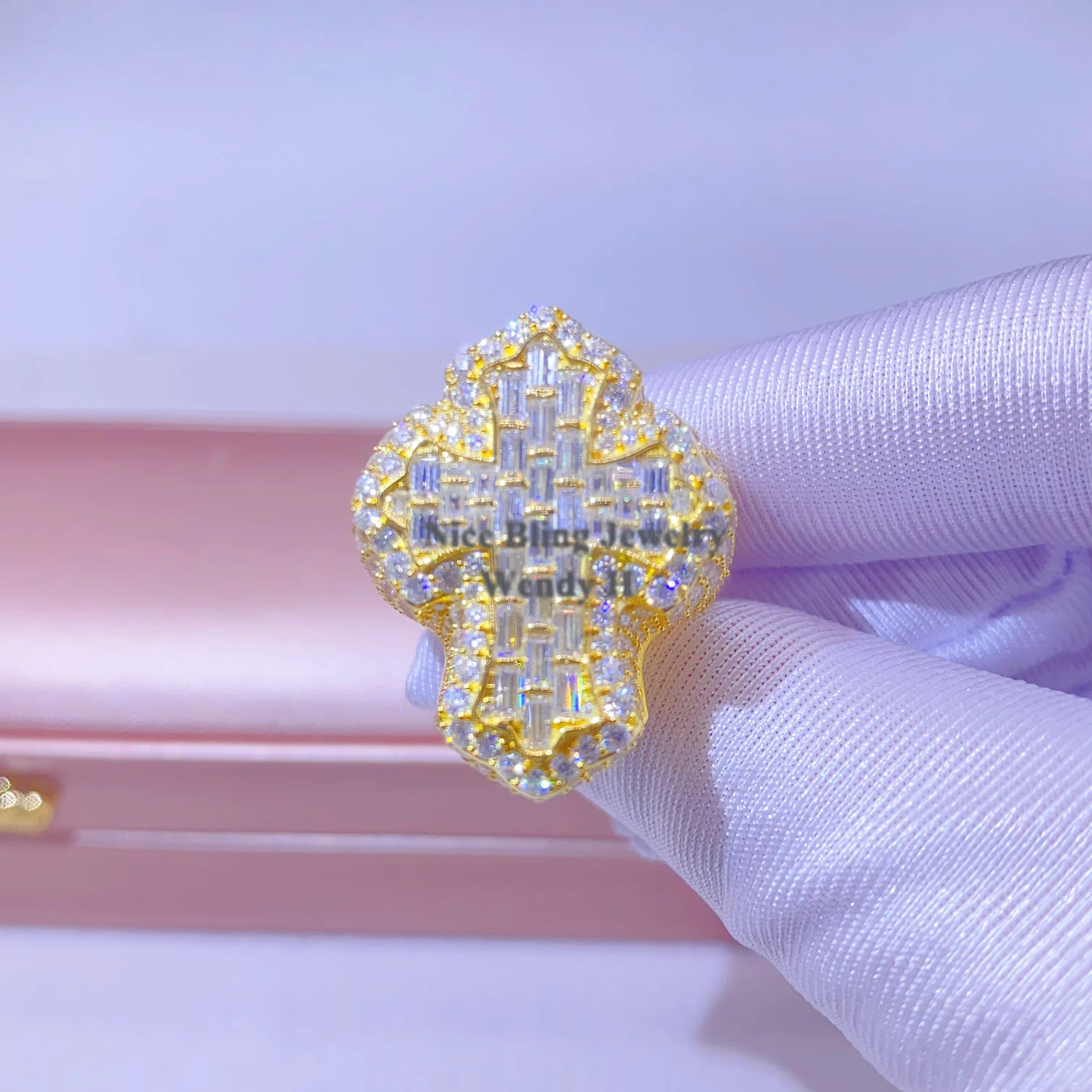Gold Plated baguette Style Cross Vvs Moissanite Diamond 925 Sterling Silver Rings for Men Hip Hop Fashion Jewelry Ring