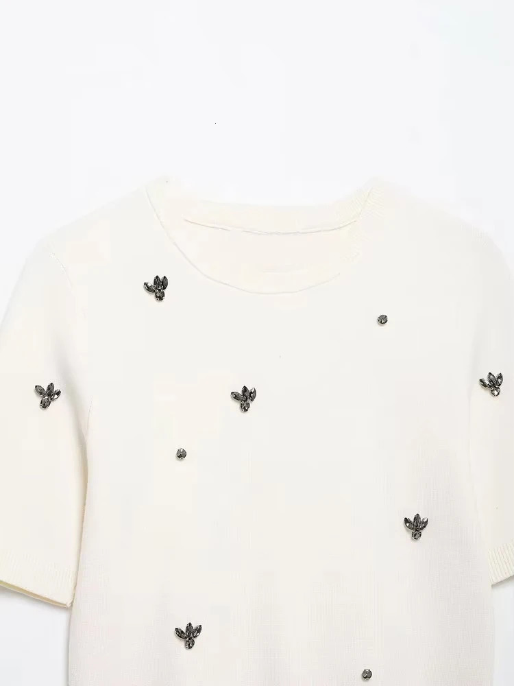 TRZA Women Fashion Jewel Bead Appliques Knit Sweater And High Elastic Waist Mini Skirt Female Two Piece Sets Mujer 250317