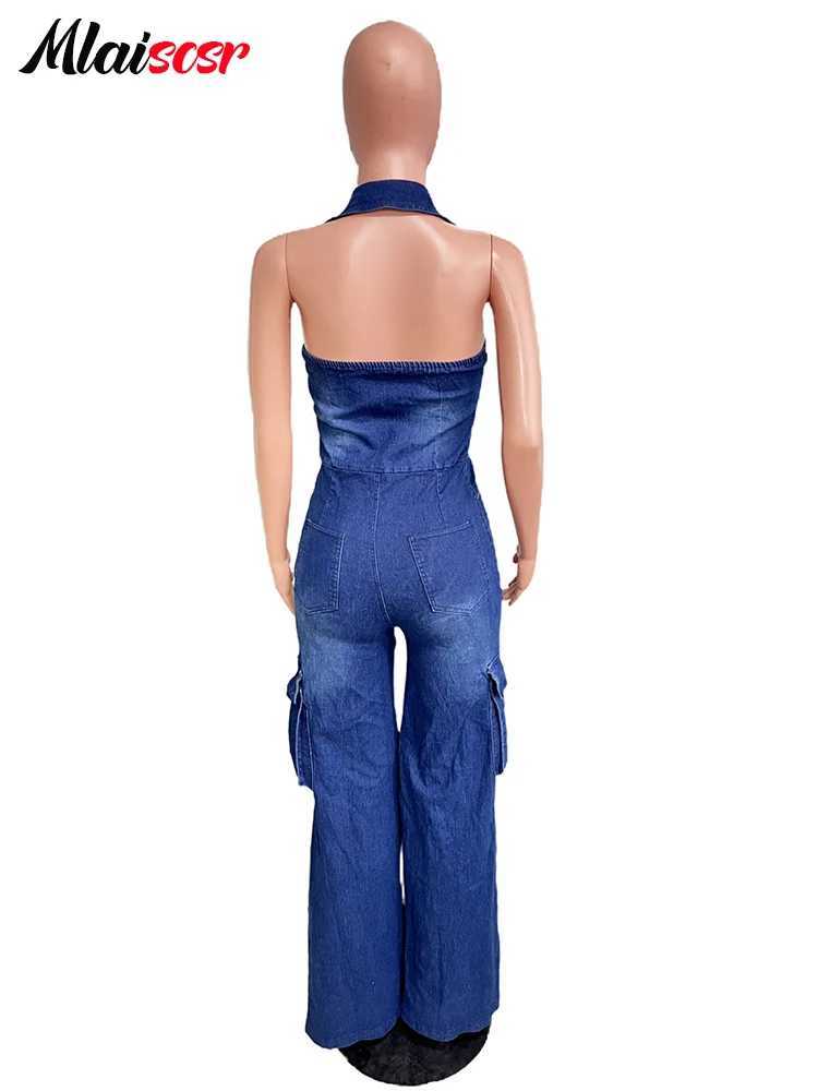 Mlaicsr womens blue denim one-piece jumpsuit strapless straight jeans strapless X250318