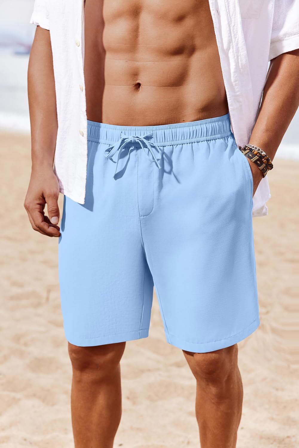 Men's Casual Shorts Elastic Waist Drawstring Lightweight Summer Beach Shorts with Pockets Fashionable solid color