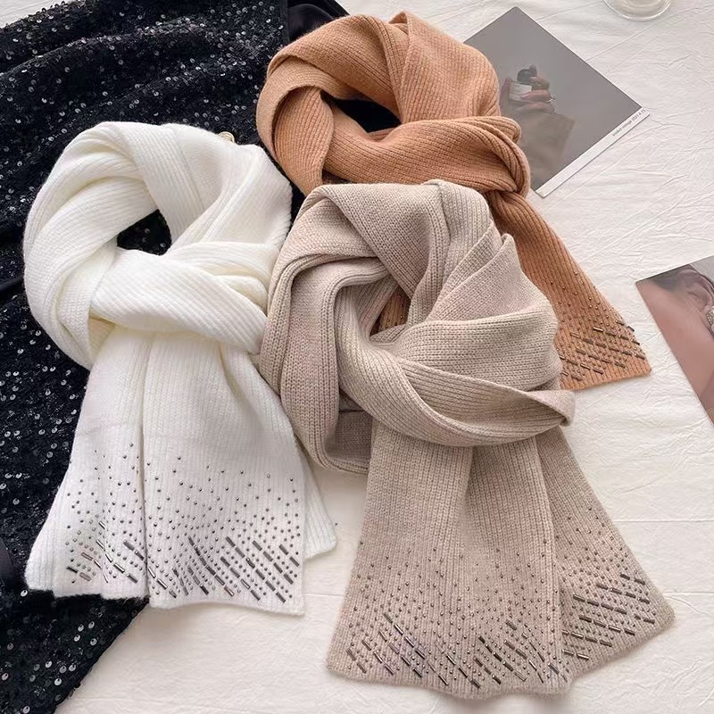 K159 New solid color wool scarf for women winter high-grade hot diamond sequin knitted wool scarf versatile warm neck scarf