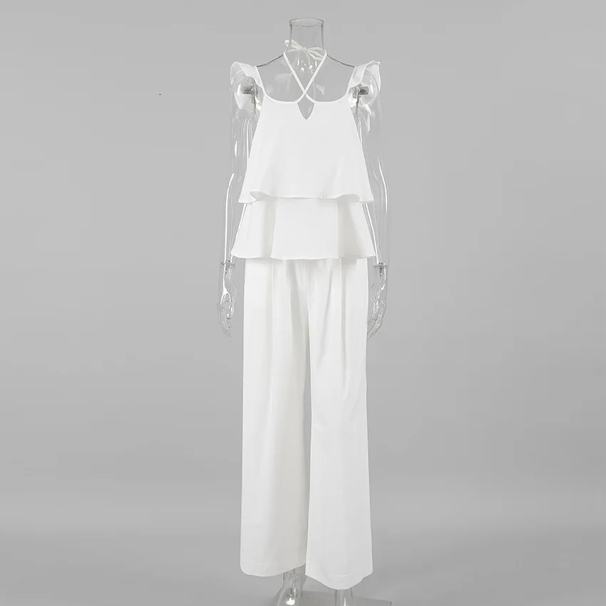 2025 2 Piece Sets Fashion Women Solid Sleeveless Backless Pullovers Tops Wide Leg Pants Suit Casual Communte Chic Streetwear 250318