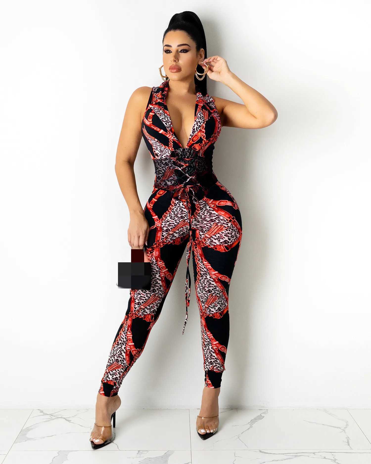JRRY sexy womens jumpsuit Sveless Sashes Print Bodysuit High Elasticity Chain Pattern Outdoor Wear X250318