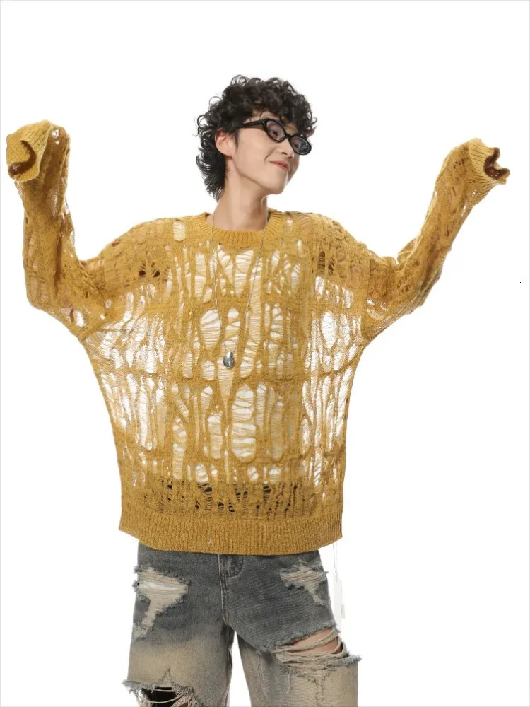 Slouchy Sweaters Men Hollow Out Baggy Hole Sun Protection Lightweight Long Sleeve Streetwear Vintage Fashion Knitting Summer Ins 250318