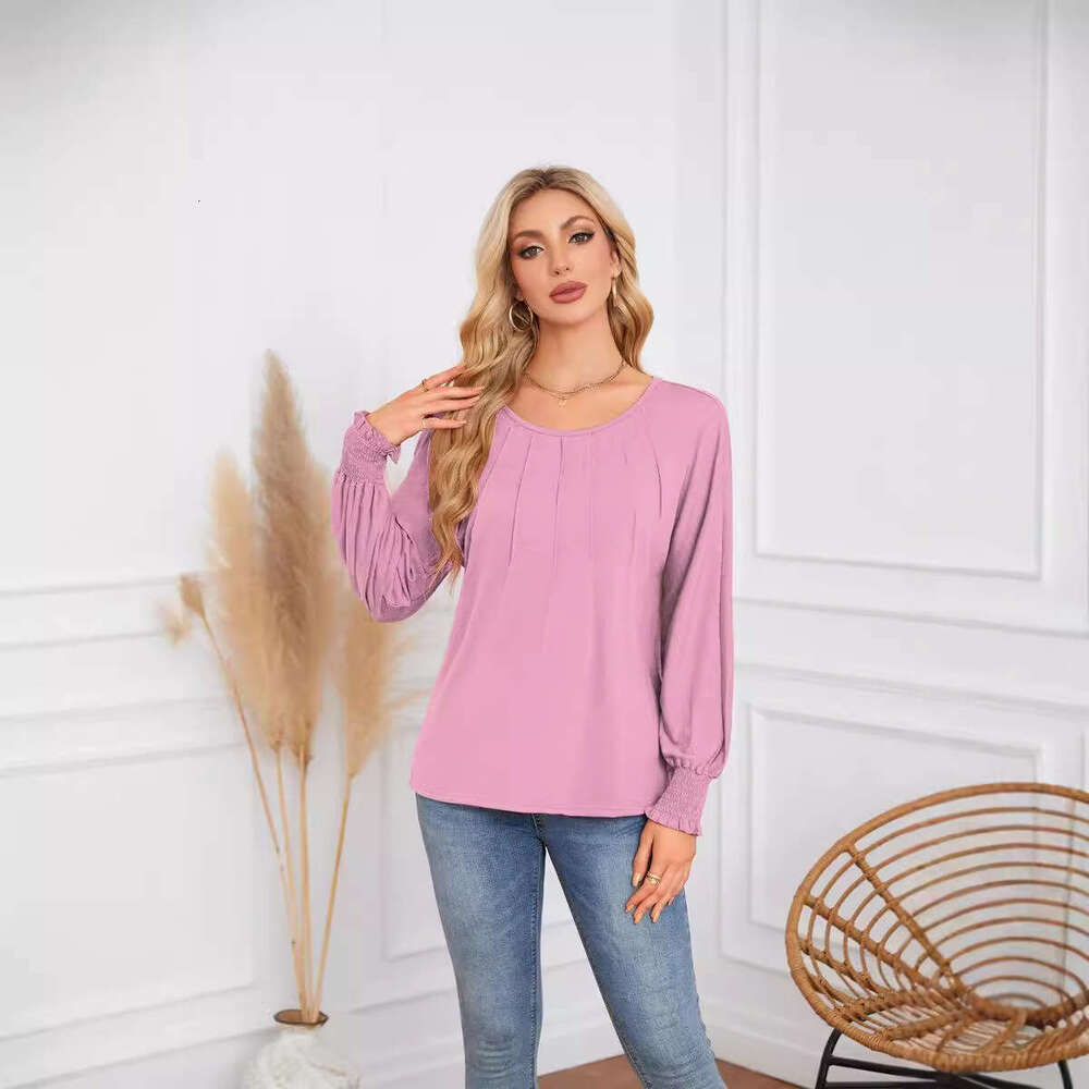 autumn winter popular European American women's round neck pleated long sleeved casual top T-shirt 2025 new style chic and elegant clothing