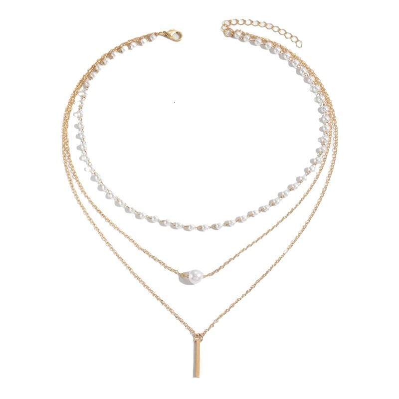 Three Layers Of Imitation Pearl Pendant Necklace Women Fashion Everything Vertical Neckchain Collarbone Chain Jewelry