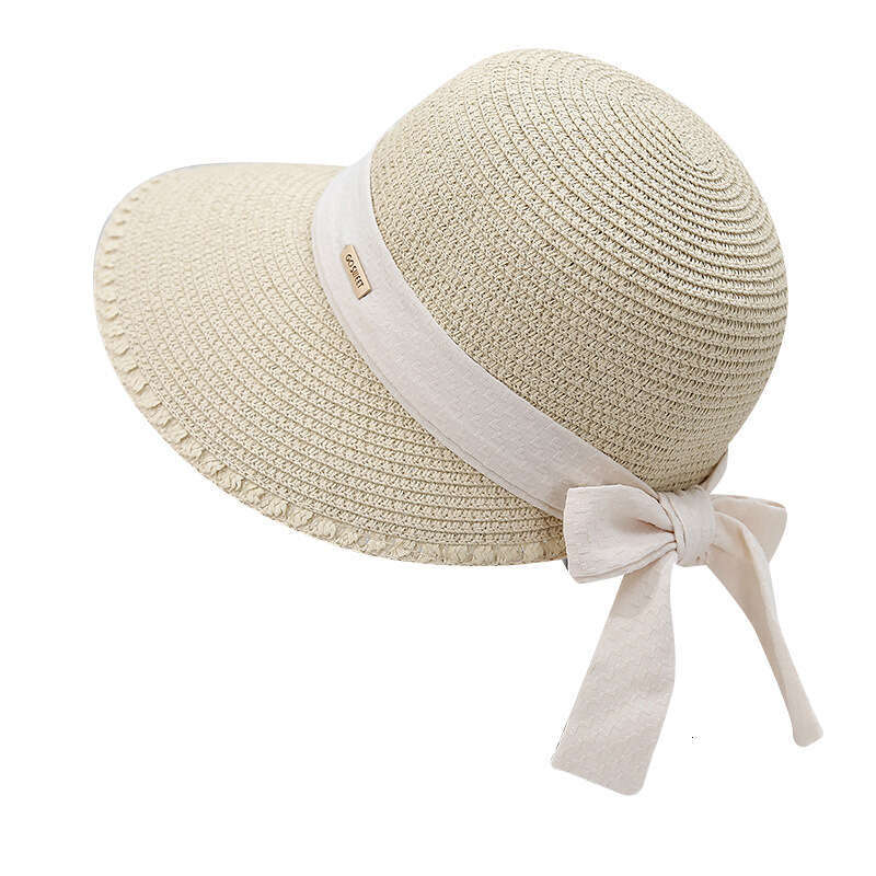 Women's Summer Outdoor Big Eaves Protection Grass Bow Beach Folding Weave Sun Hat