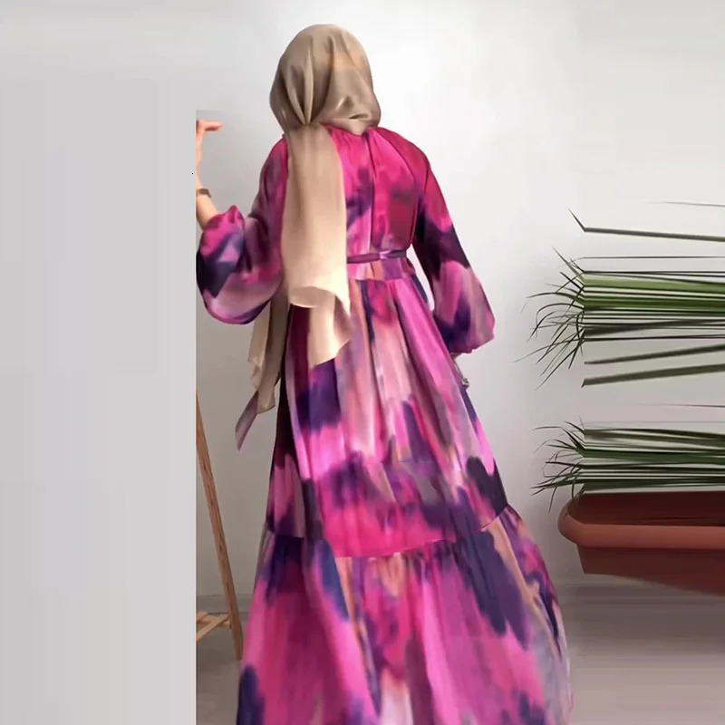Elegant O-neck Lace Muslim Dress Womens Casual Long Sleeve High Waist Dress Fashion Pattern Printed Folded Party Dress 250314