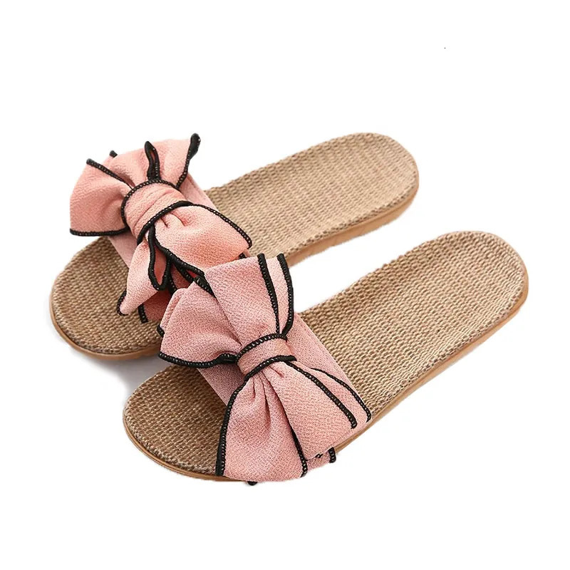 Mntrerm Casual Sneakers For Home Slippers Summer Bow-knot Soft Floor Woman Indoor Flats Shoes Cute Linen Slipper Terlik 250318