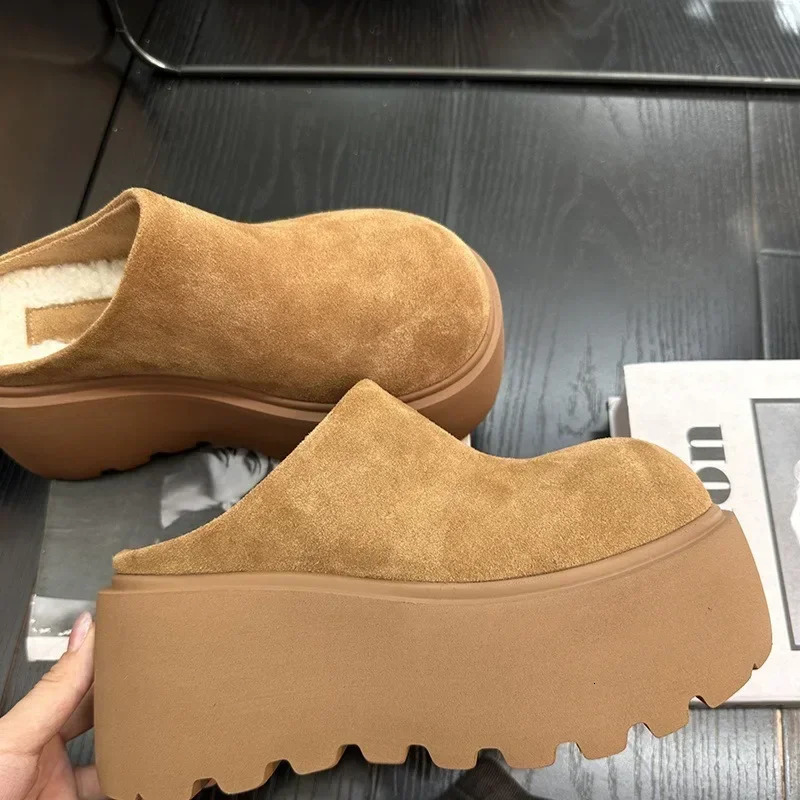 Half Slippers for Women Baotou Shoes Suede Womens Platform Slippers Winter Fluffy Slippers Versatile Loafers Cotton Shoes 250318