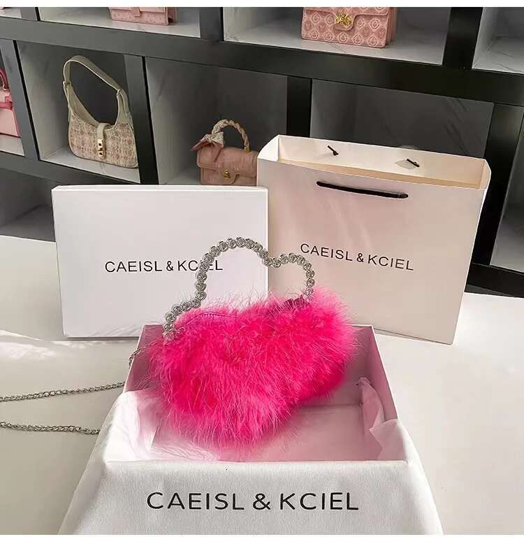 Designer Ostrich Hair Women Handbag Crystal Shiny Rhie Dia Evening Wedding Party Clutch Purse Crossbody Bag