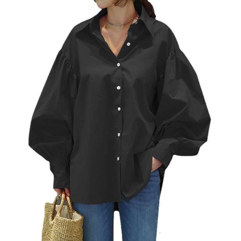 Casual shirt, casual lantern sleeve lapel 2025 solid color top, office women's shirt