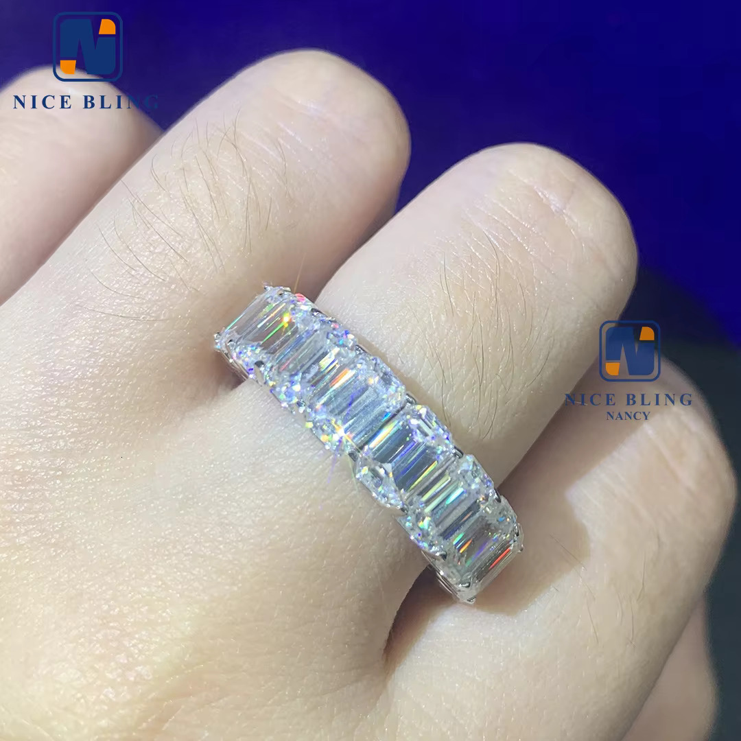 Graceful 925 Silver Gold Plated Women Jewelry Iced Out Classic Emerald Cut Jewelry Eternity Moissanite Diamond Band Ring